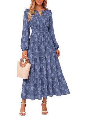 Women's Blue Grey Long Sleeve With Pockets V Neck Wedding Guest Maxi Dresses